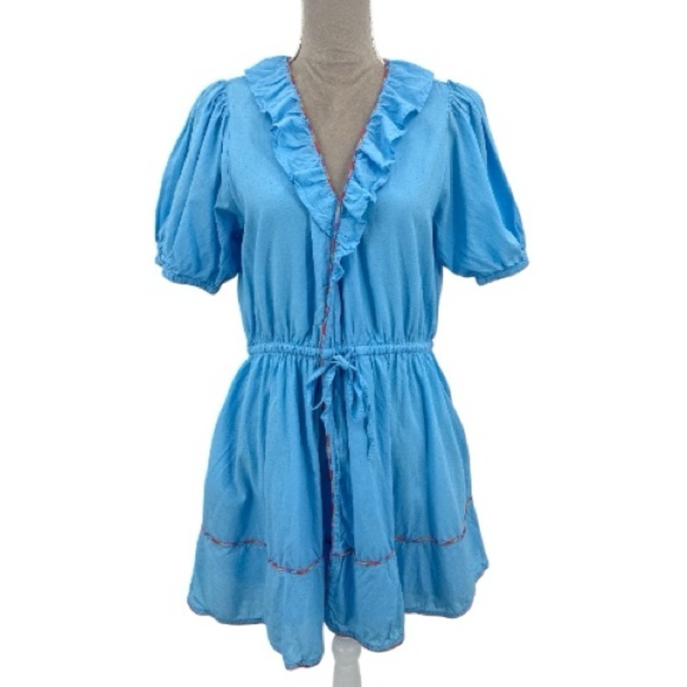 Roller Rabbit Blue Ruffle Wrap Dress Women’s Sz Large Short Sleeve Mini Pockets - Picture 3 of 14